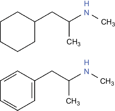 The single chemical difference between propylhexedrine (top) and methamphetamine (bottom) is the aromatic ring.